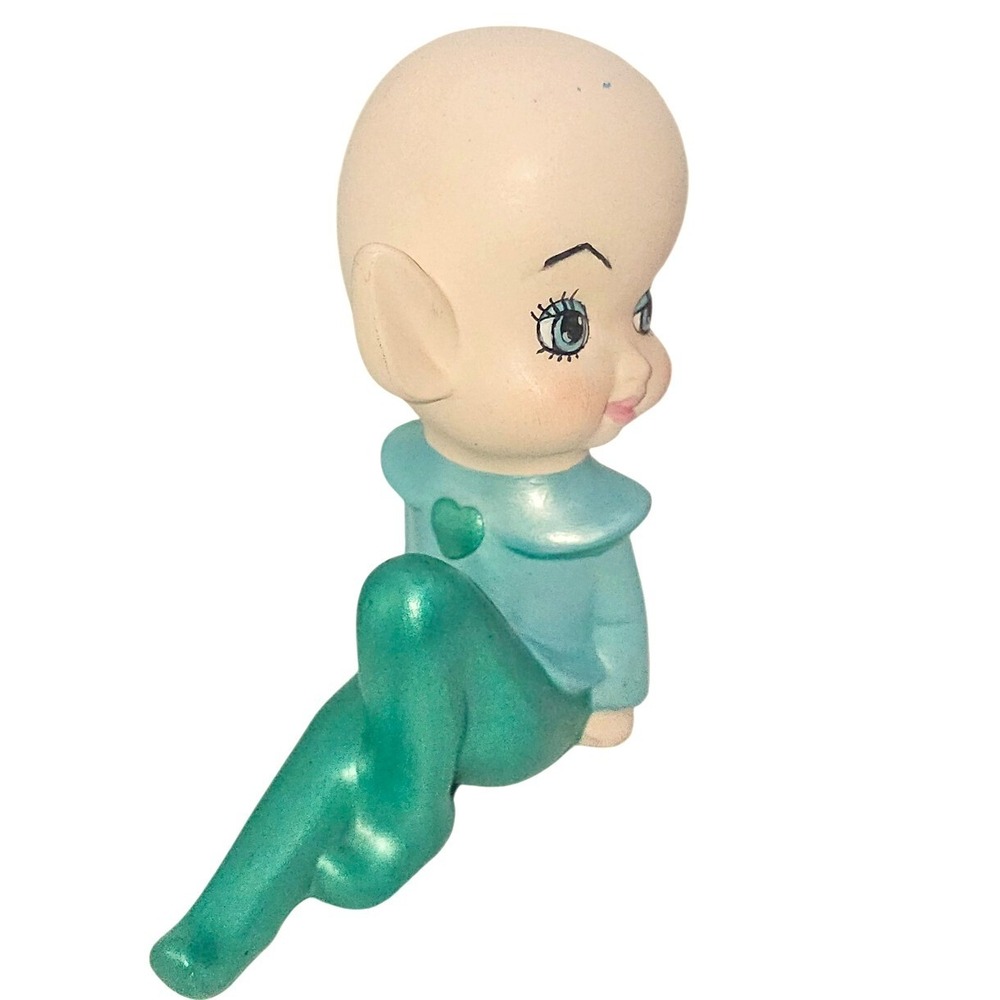 Vintage Ceramic Pixie Elf Figurine Green Heart Collar Bald‎ Fantasy Decor 5.5in